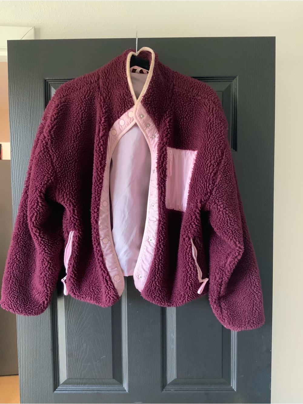 Fabletics Girls' Burgundy Sherpa Jacket with Pink Trim